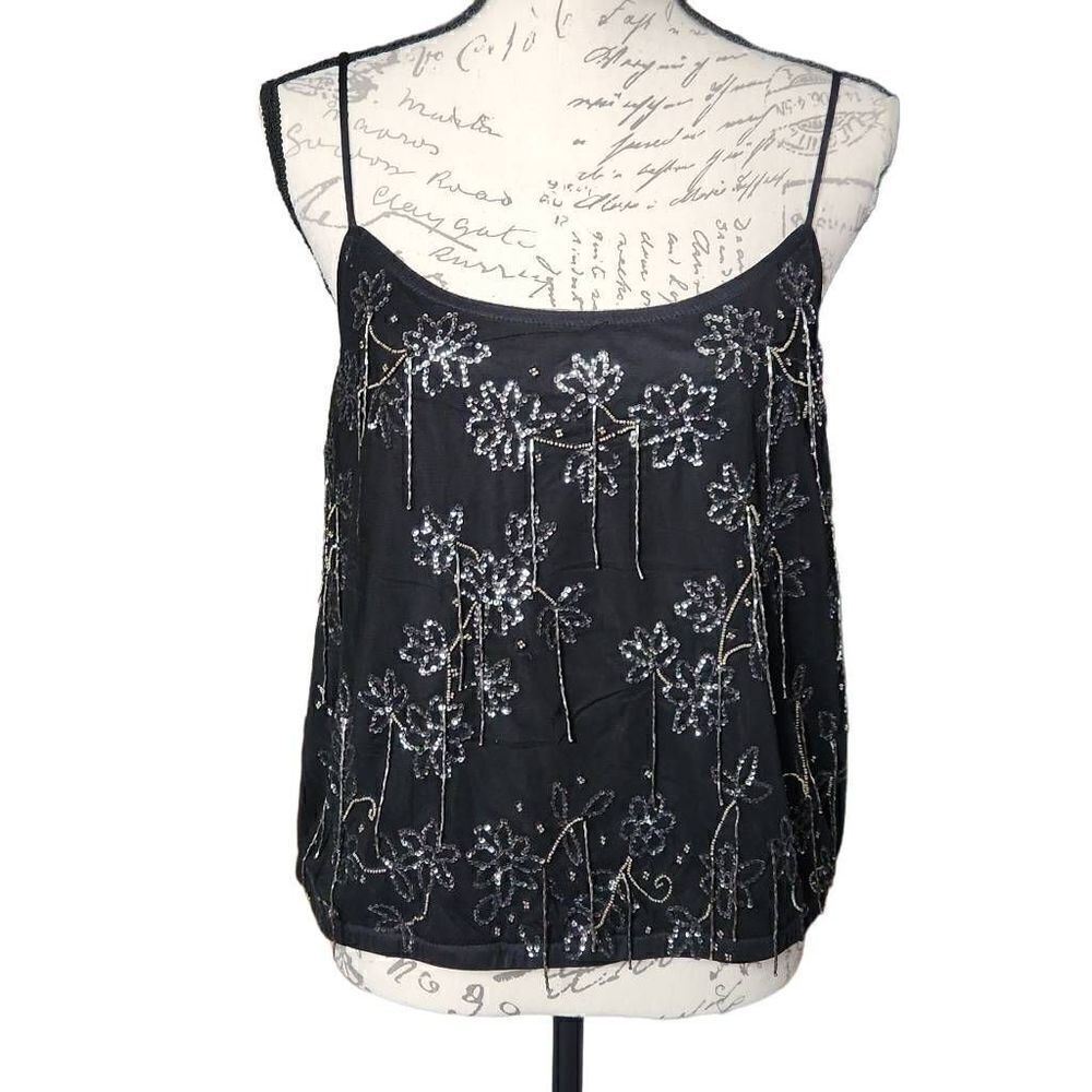 Express Ladies Black Crop Beaded Elastic Bottom Cami Blouse - Size Large